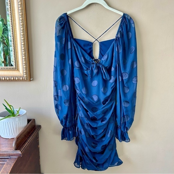For Love And Lemons Lula Mini Dress Ruched Ruffle Navy Blue Dot Long Puff Sleeve - Picture 4 of 16